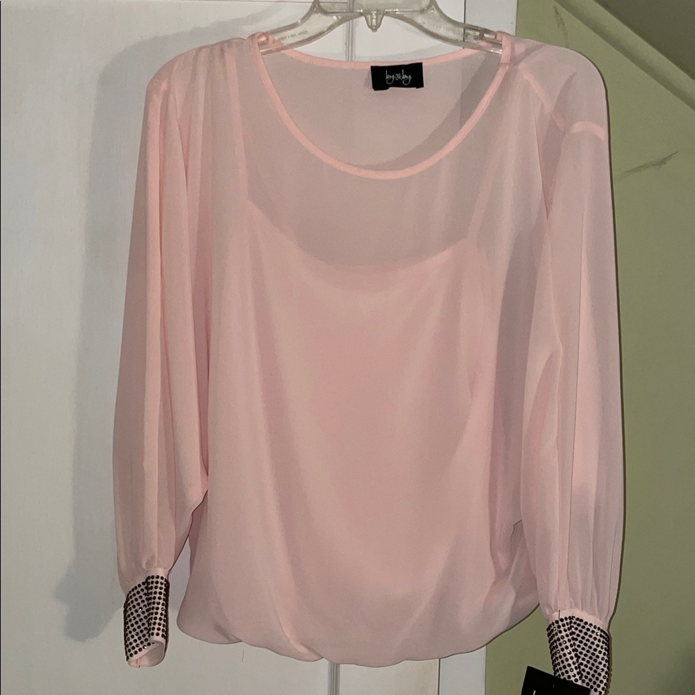 By&by Blush Sheer Blouse with Cuffed Sleeves and Attached Cami Size Small NWT
